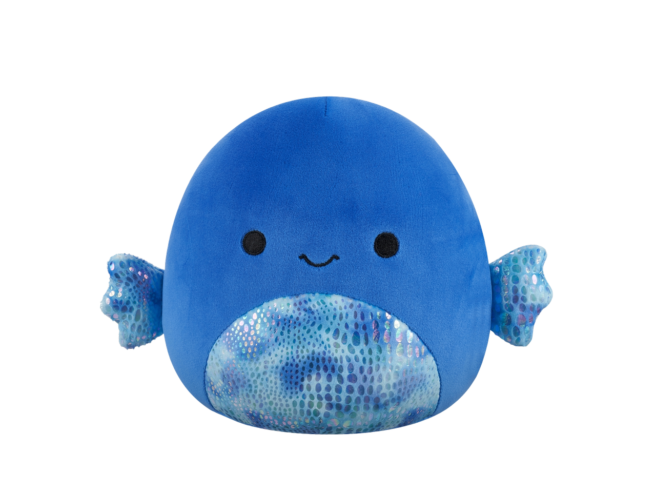 Blue Squishmallows plush toy with iridescent belly and fins.