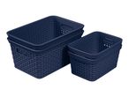 Stackable navy blue plastic storage baskets with woven design.