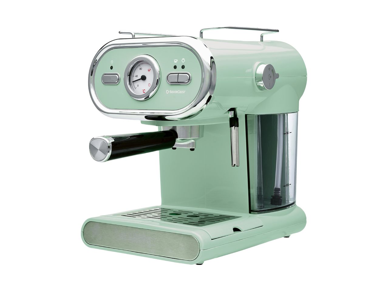 Mintgrøn SilverCrest espressomaskine i retrostil med kromdetaljer.