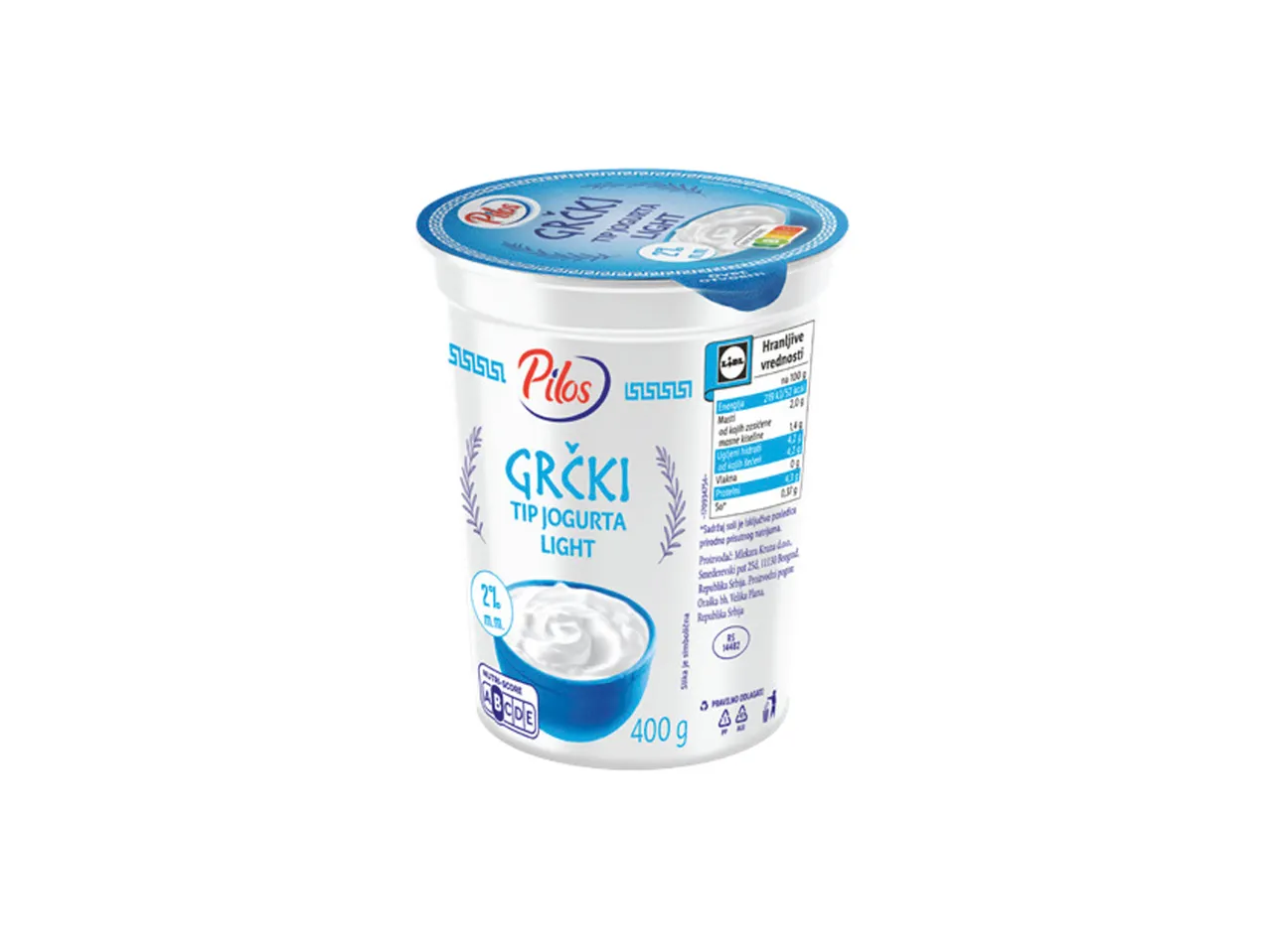 Pilos Grčki tip jogurta Light, 400g, sa 2% mlečne masti i Nutri-Score ocenom A.
