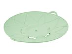 A light green oval-shaped plastic dish drainer with a decorative design.