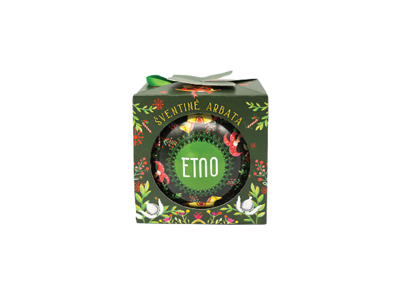 Dovanų dėžutė su arbata „Šventinė arbata Etno“ su liaudies motyvais.