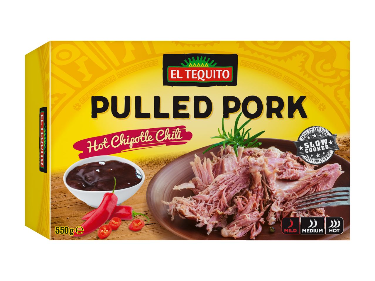 Pulled pork with hot chipotle chili sauce, slow-cooked and available in mild, medium, or hot.