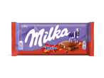Paarse chocoladereep met Daim-stukjes, een koe en bergen op de verpakking, 90g.