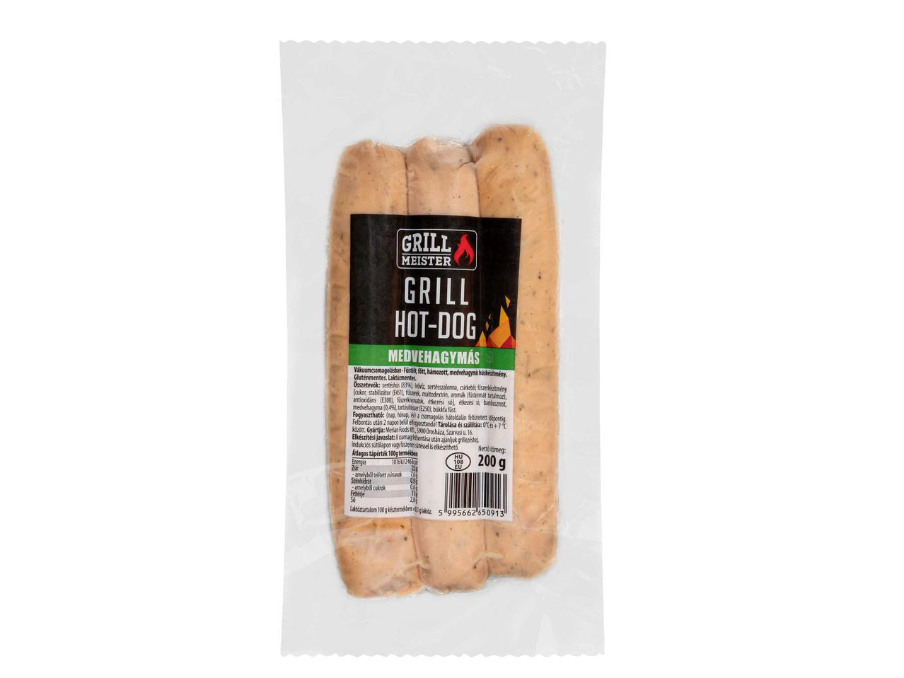 Három darab grillkolbász műanyag csomagolásban.