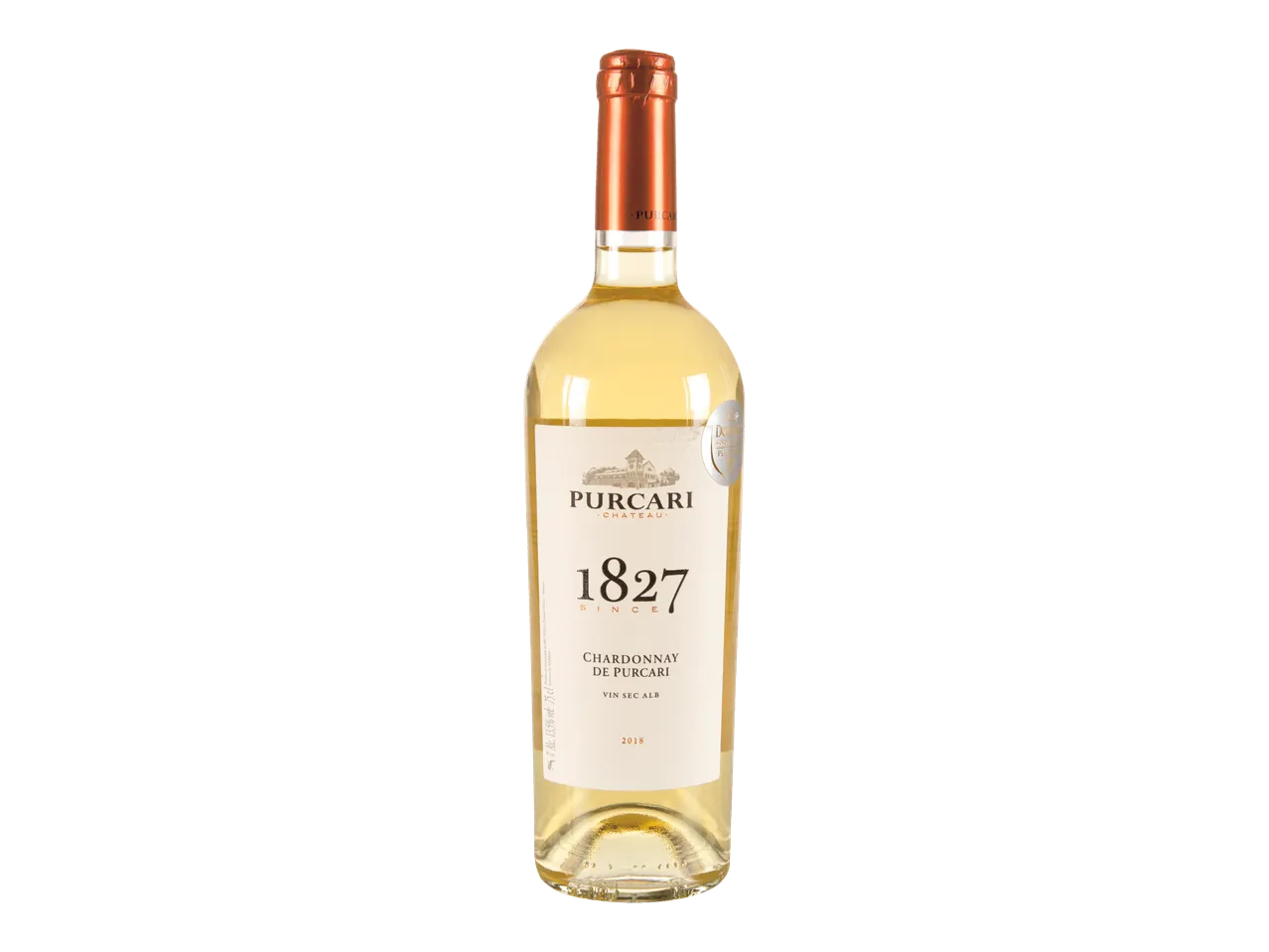 O sticlă de vin alb Purcari 1827 Chardonnay pe un fundal negru.