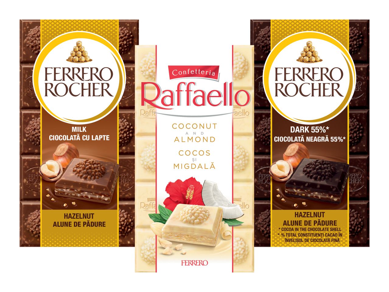 Două tablete de ciocolată Ferrero Rocher și o cutie de Raffaello.