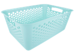 Cesta de plástico azul-claro com furos.