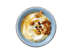 Griekse yoghurt, noten en honing in een blauwe schaal.