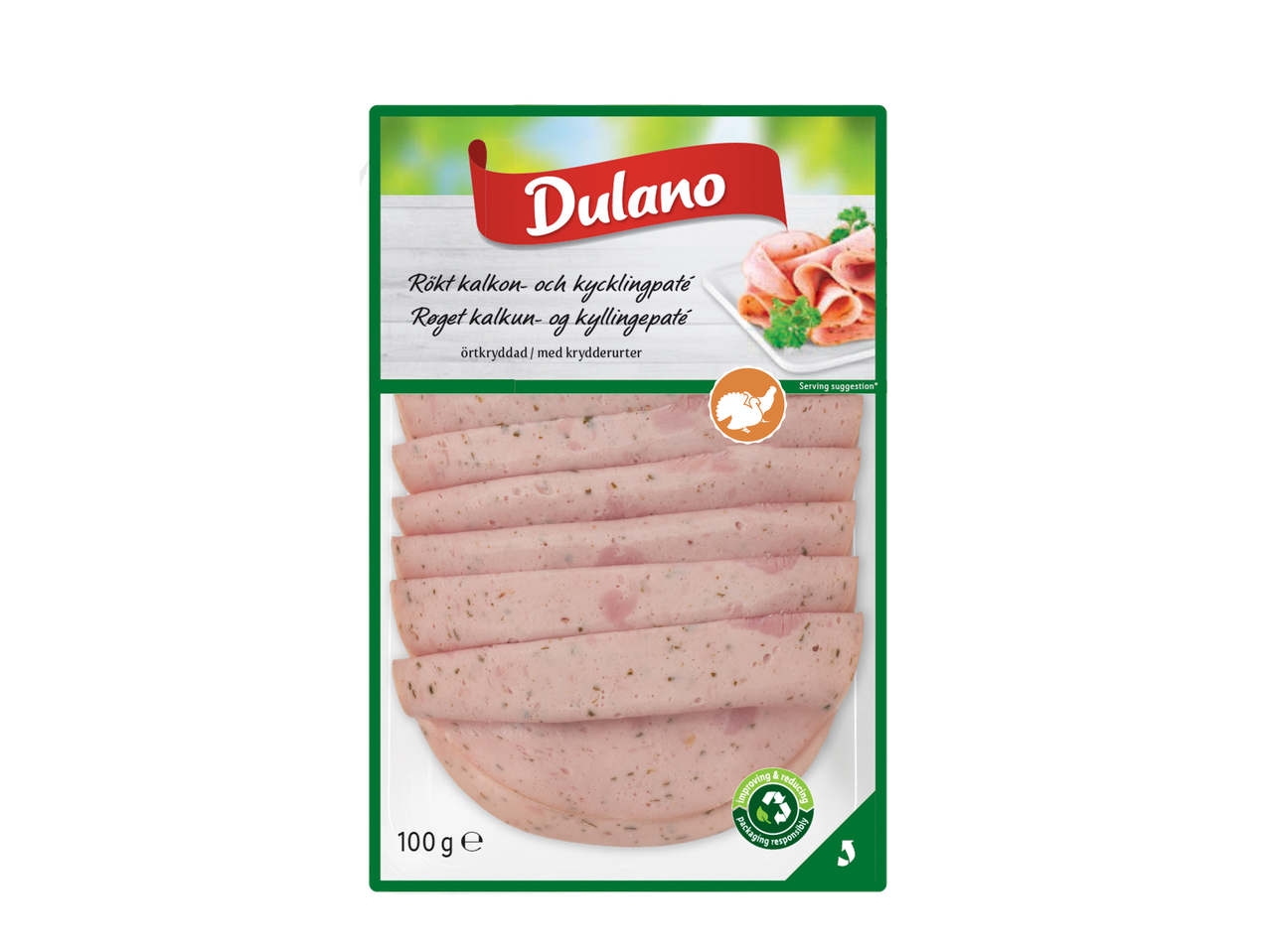 Dulano røget kalkun- og kyllingepaté skiver, krydderurte-krydret, 100g.