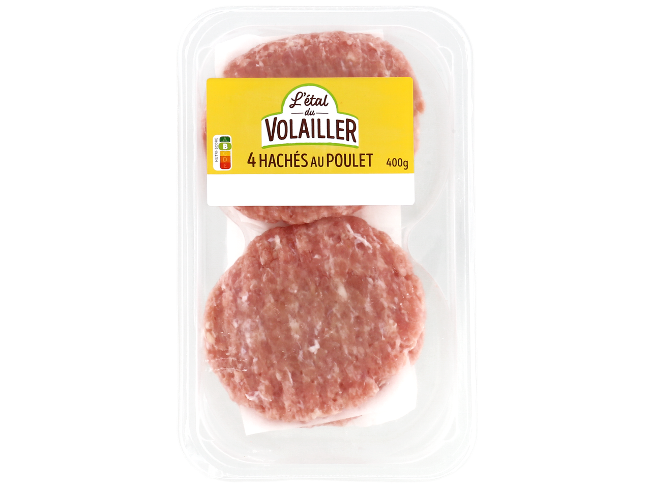 Barquettes de 4 steaks hachés de poulet de 400g avec Nutri-Score B.