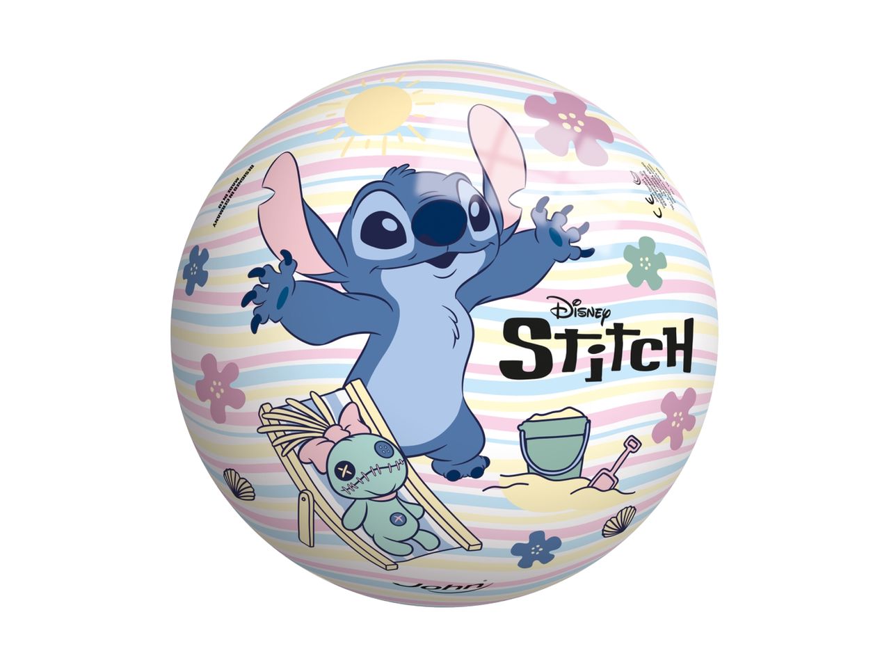 Beach ball with Stitch, Scrump, sand bucket, shovel, sun, flowers, and seashells.