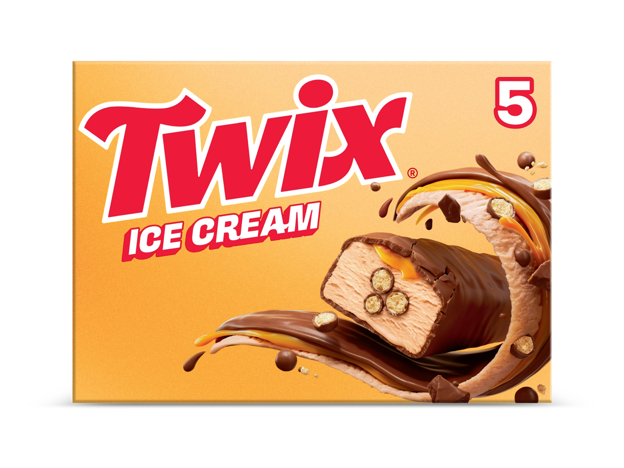 Doos met 5 ijsrepen met chocolade, karamel en koekjes, met opschrift 'ICE CREAM'.