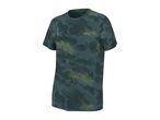 Dark green short-sleeved sports t-shirt with a camouflage pattern and diagonal yellow stripes.