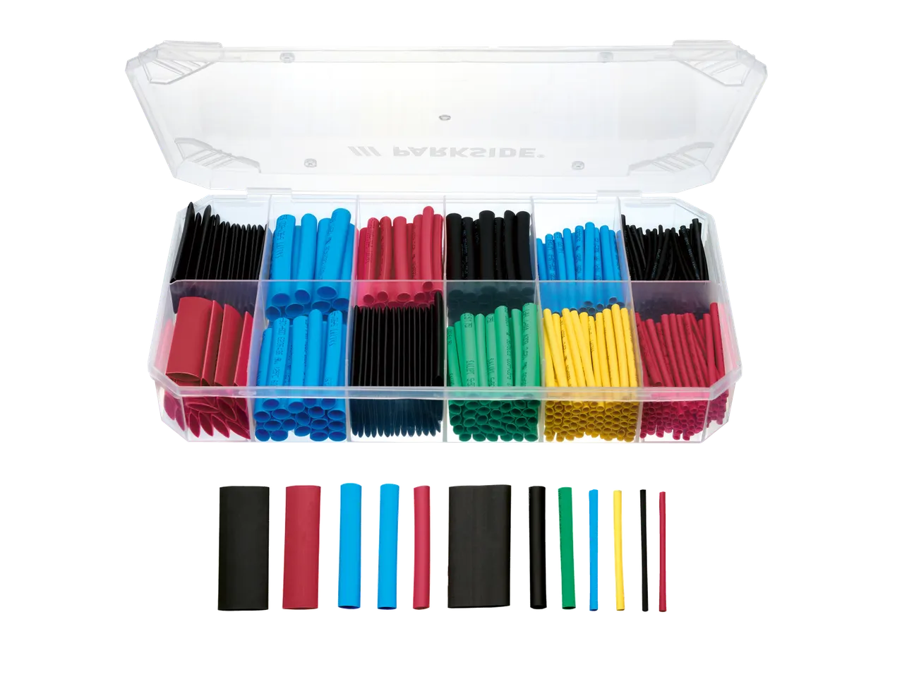 Parkside heat shrink tubing assortment in a clear plastic storage case.