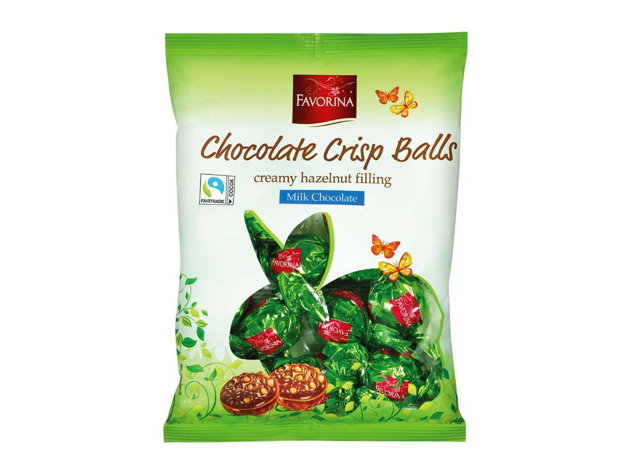 Green bag of chocolate crisp balls with creamy hazelnut filling, milk chocolate.