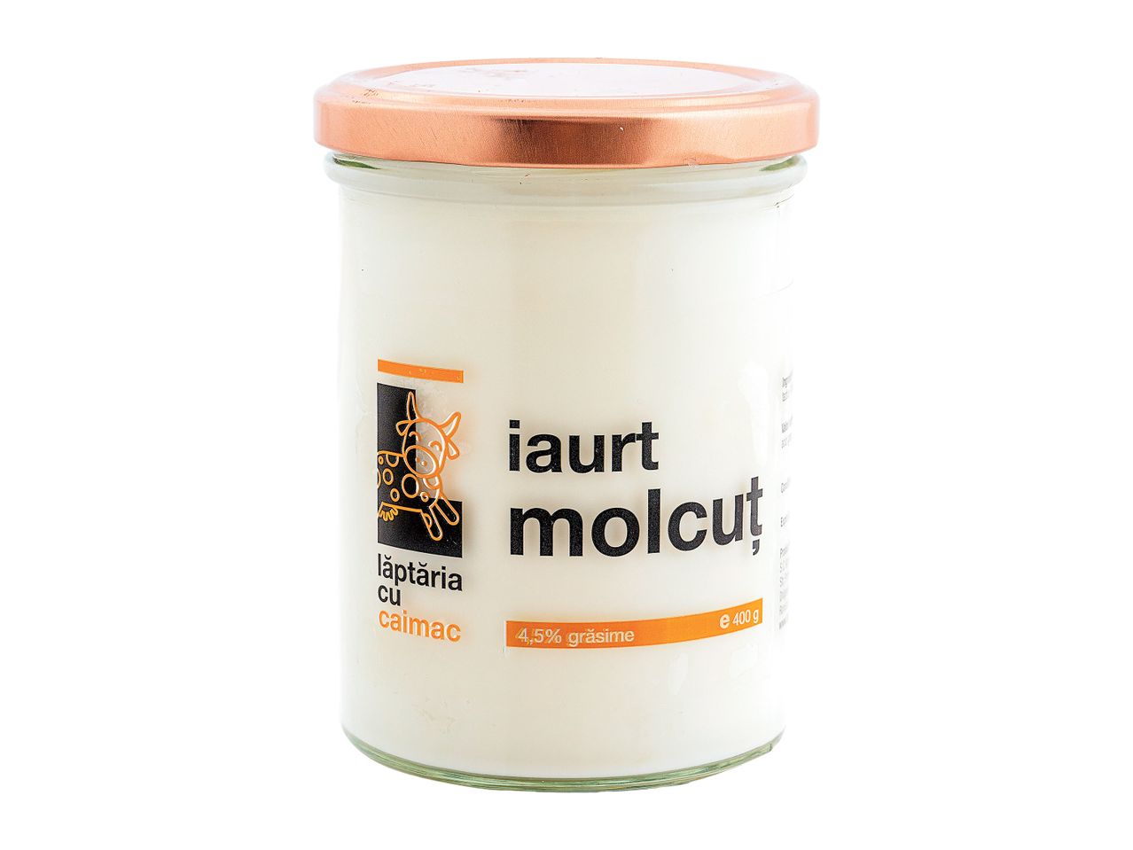 Iaurt Laurt Molcut într-un borcan cu capac auriu.