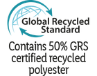 Global Recycled Standard logo. Contains 50% GRS certified recycled polyester.