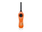 Orange gas lighter with a black igniter button and a long black nozzle.
