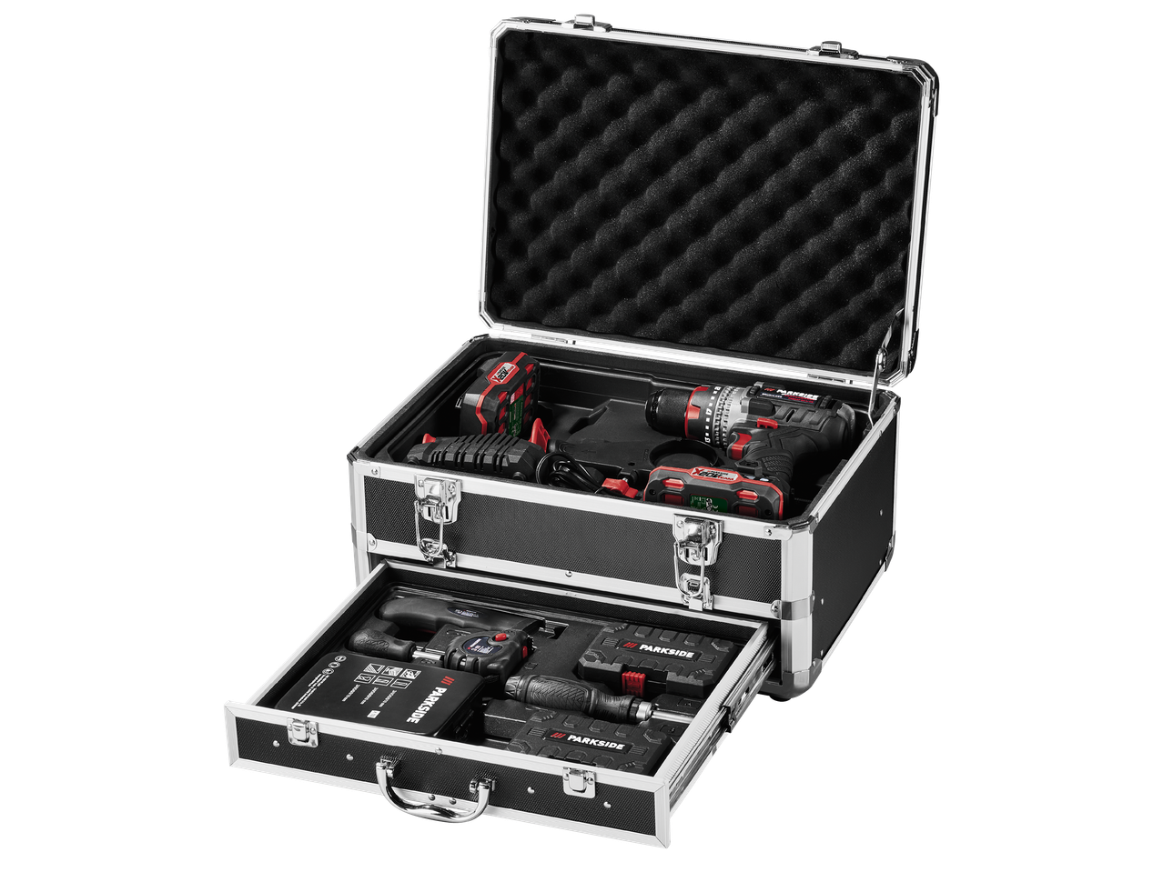 Комплект инструменти в куфарче с бормашина, батерия, зарядно и други аксесоари.