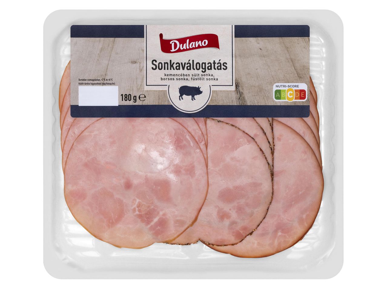Dulano sonkaválogatás (kemencében sült, borsos, füstölt sonka) 180g-os kiszerelésben, Nutri-Score A jelöléssel.