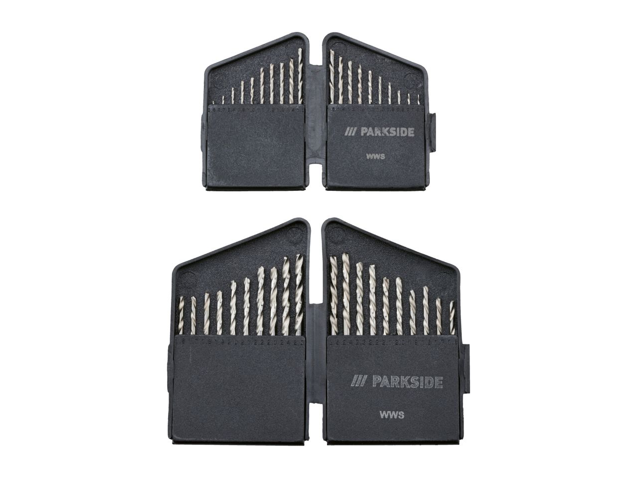 Two open cases of drill bits, with various sizes arranged in rows, on a white background.