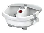 White and grey foot spa with massage rollers, a red light, and attached brush and pumice stone.