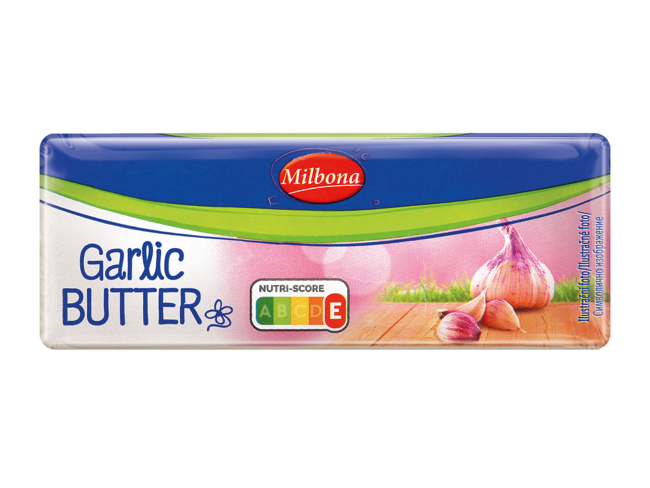 Опаковка чесново масло с надпис „Garlic Butter“ и Nutri-Score E.