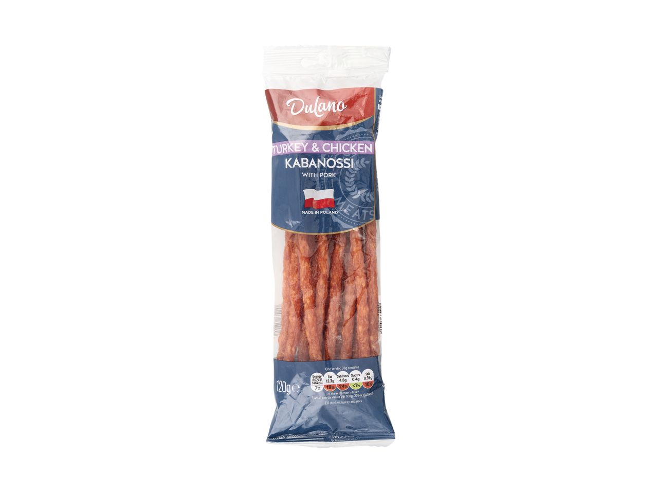 Pack of turkey and chicken kabanossi with pork, made in Poland, with nutritional information.