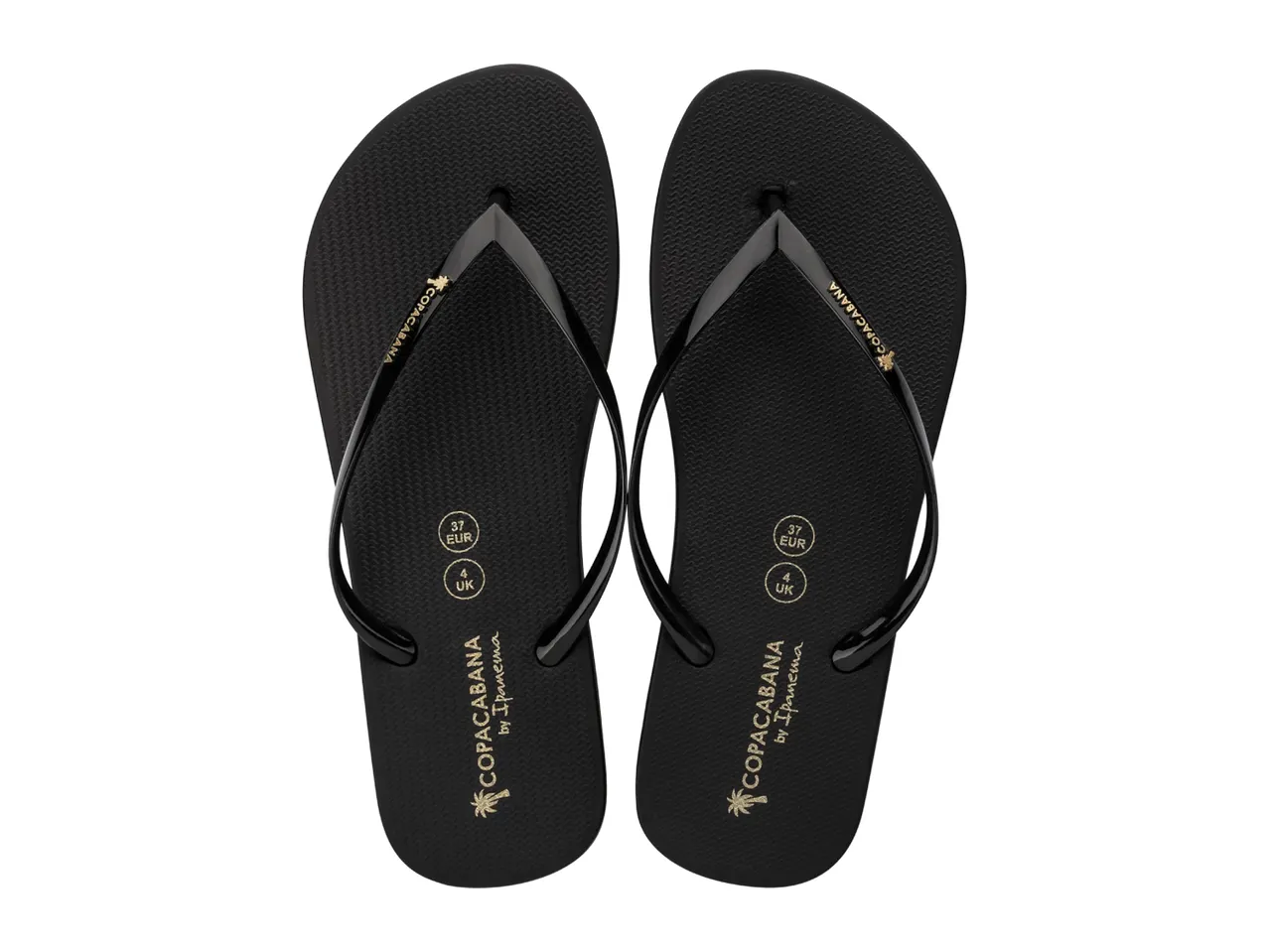 Pair of black flip-flops with gold text and palm tree logo, showing size 37 EUR and 4 UK.