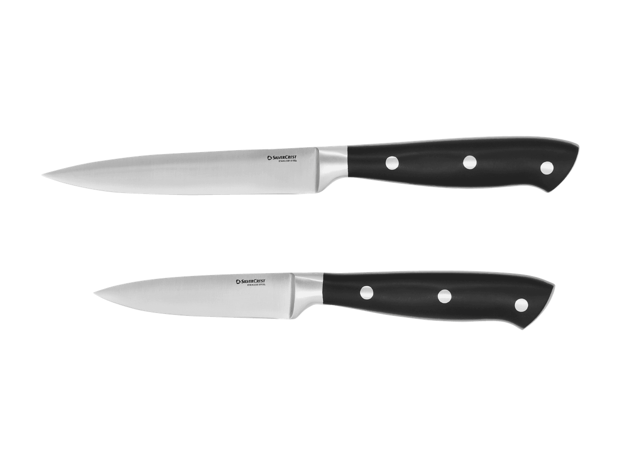 To parerknive med sorte håndtag og sølvblade, vist på en sort baggrund.