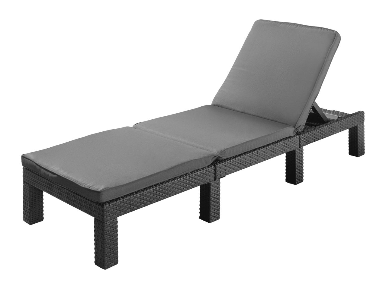 Dark grey rattan sun lounger with grey cushions on a white background