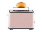 A pink SilverCrest toaster with a bread roll on top.