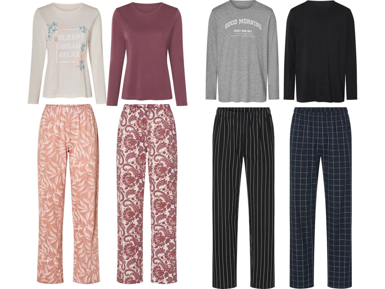 Fyra uppsättningar pyjamasar med långärmade toppar och matchande byxor i olika färger och mönster.
