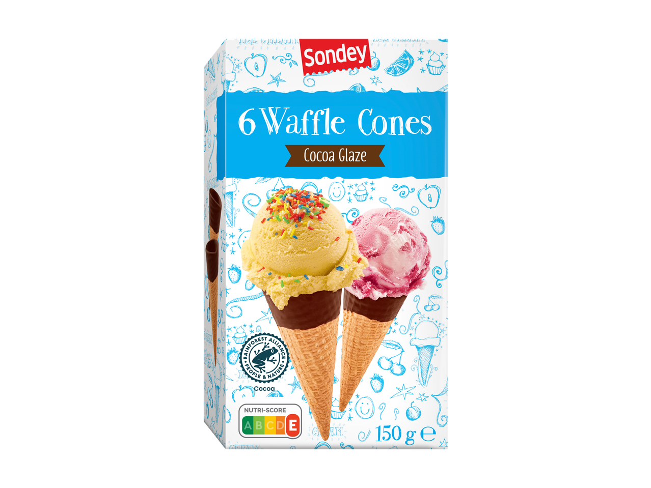 Sondey 6 Wafelhoorntjes met Cacaoglazuur, met vanille- en aardbeienijsbollen.