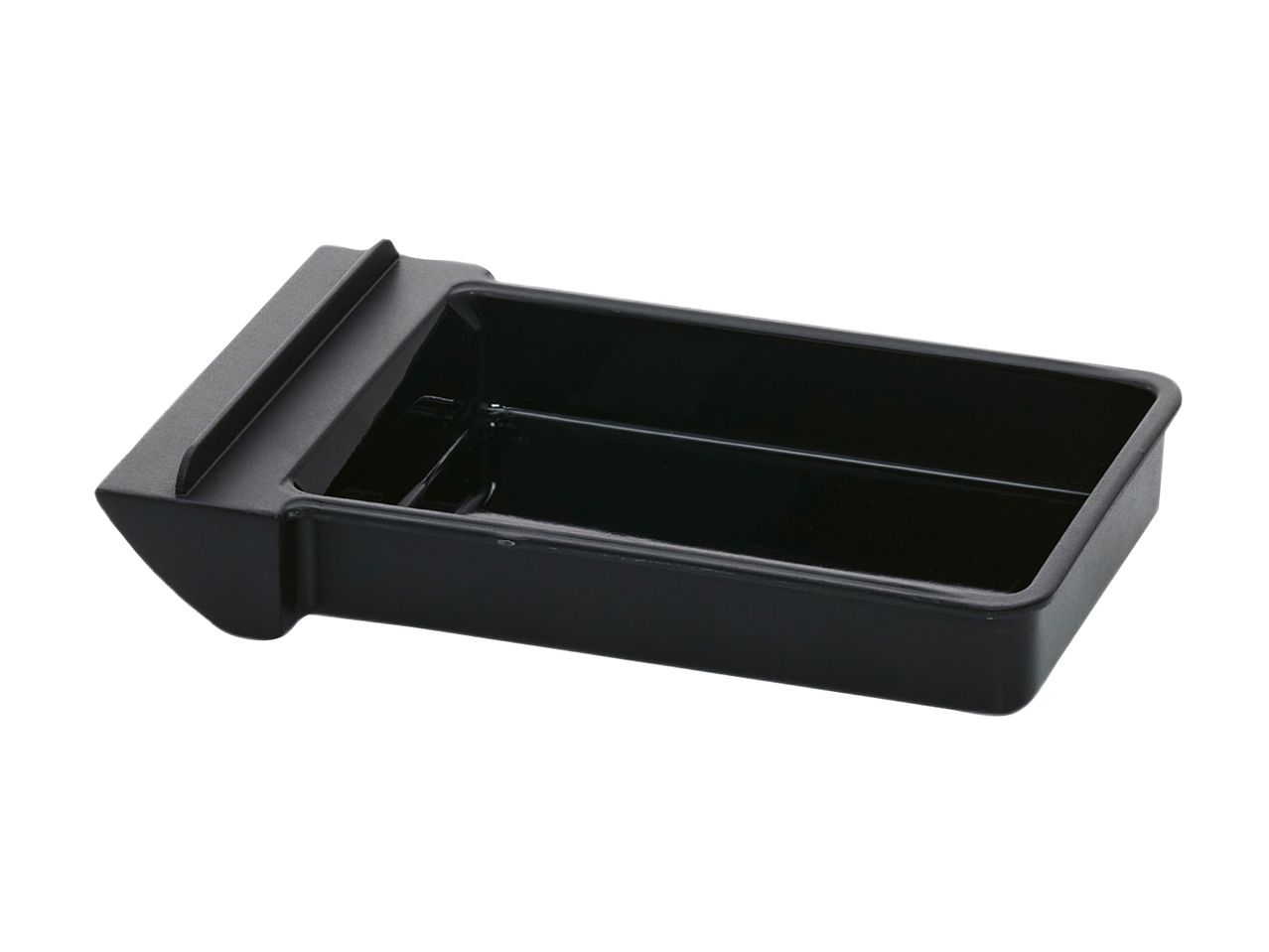 A black plastic drip tray, possibly for a coffee machine or similar appliance.
