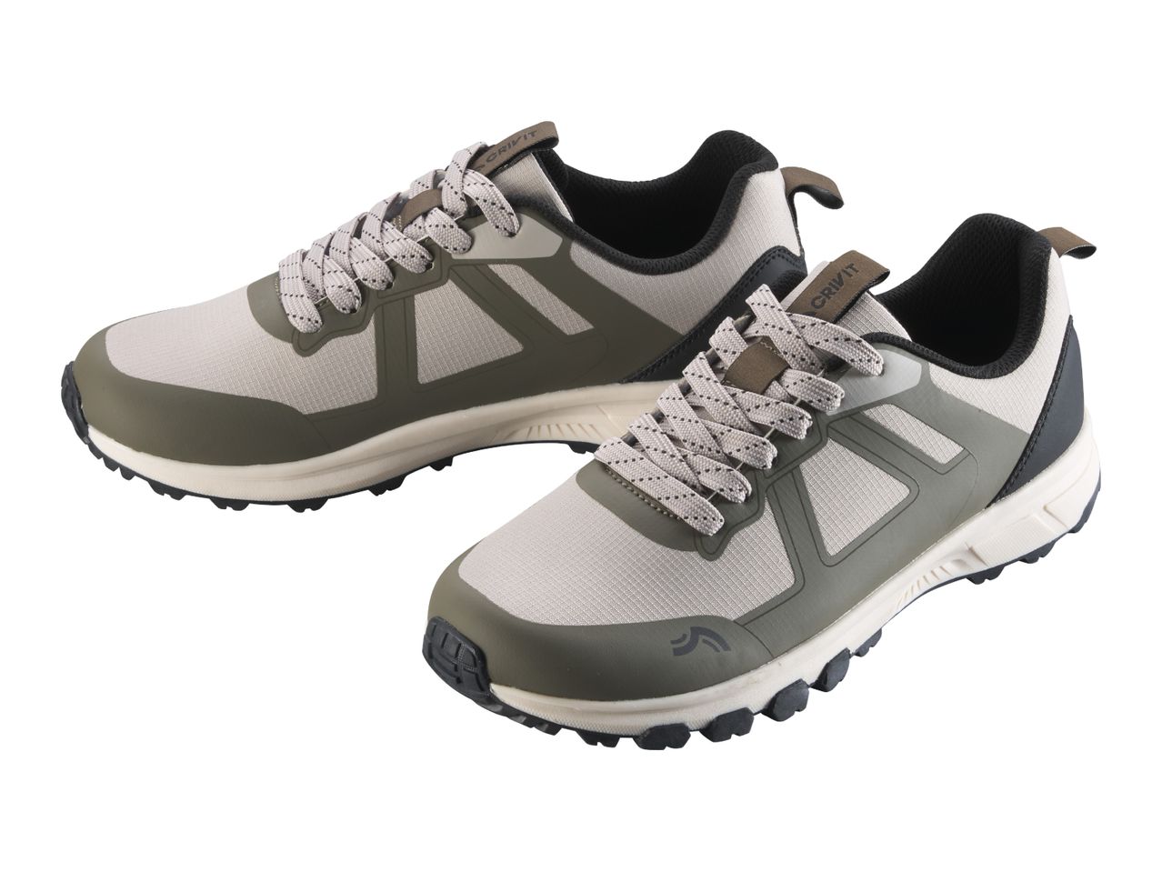 A pair of men's olive green and beige trail running shoes with patterned laces
