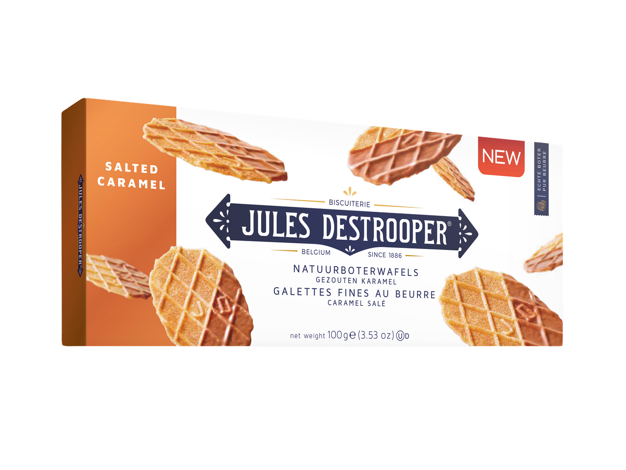Verpakking met wafels met gezouten karamel, met de tekst 'NEW' en 'SALTED CARAMEL'.