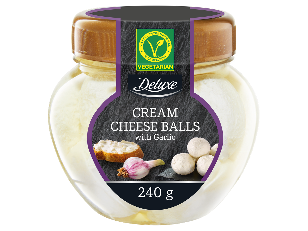 Deluxe biluțe de brânză cremă cu usturoi (240g), vegetariene.