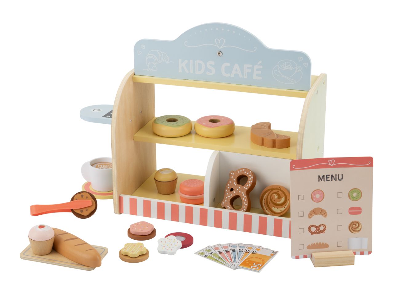 A wooden toy Kids Café stand with play food items like donuts, pastries, coffee, and a menu.