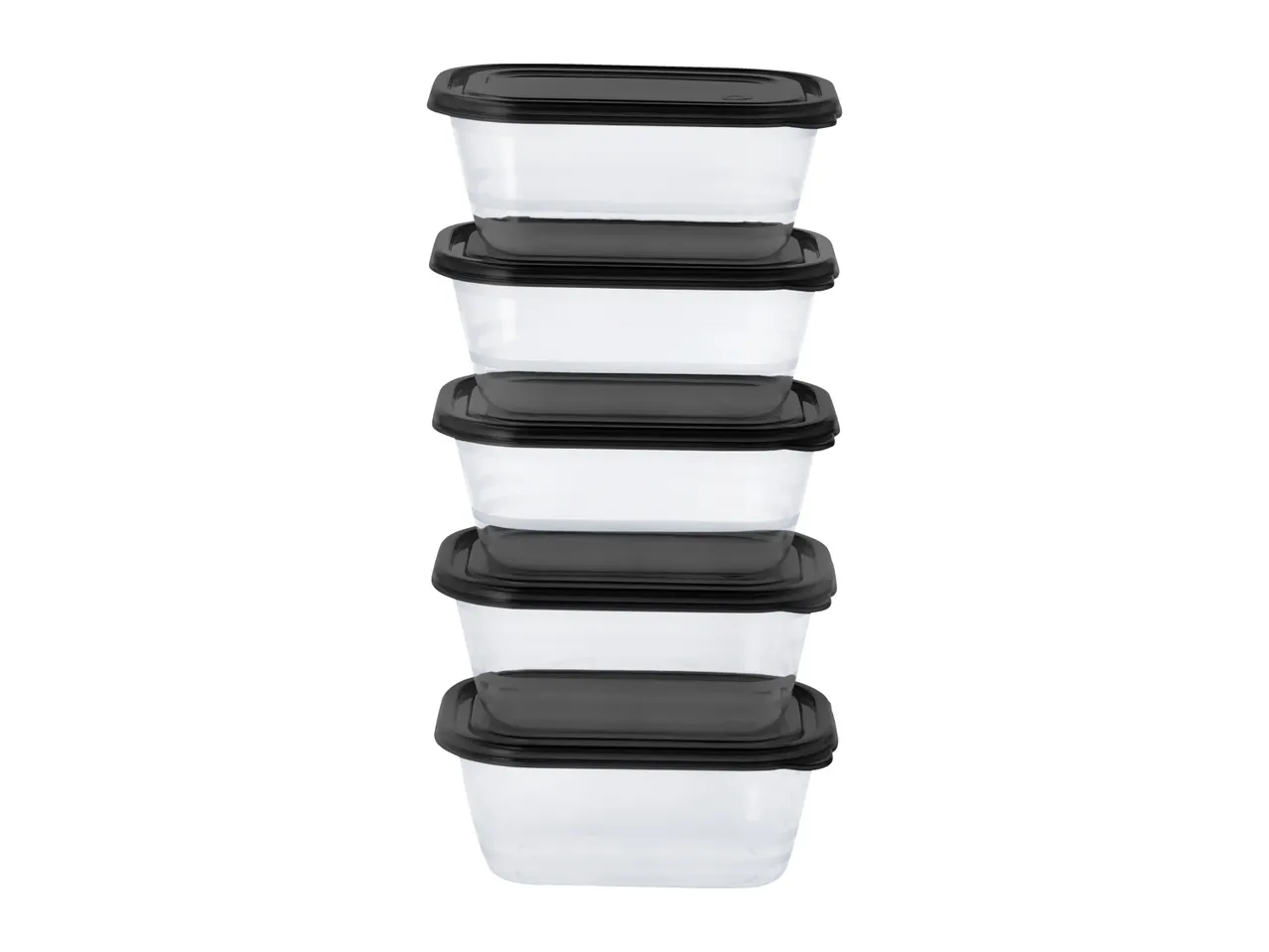 Stack of six rectangular clear food storage containers with black lids.