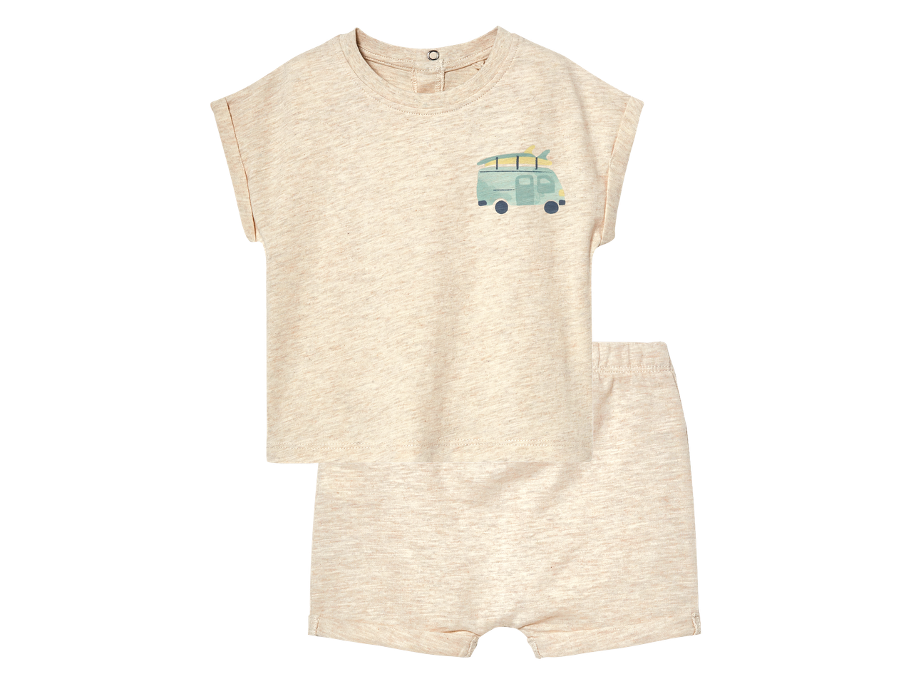 Bež dječji komplet s majicom kratkih rukava i kratkim hlačama s printom kombija za surfanje.