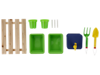 Комплект за градинарство с дървена ограда, саксии, контейнери, лейка, лопатка и гребло.