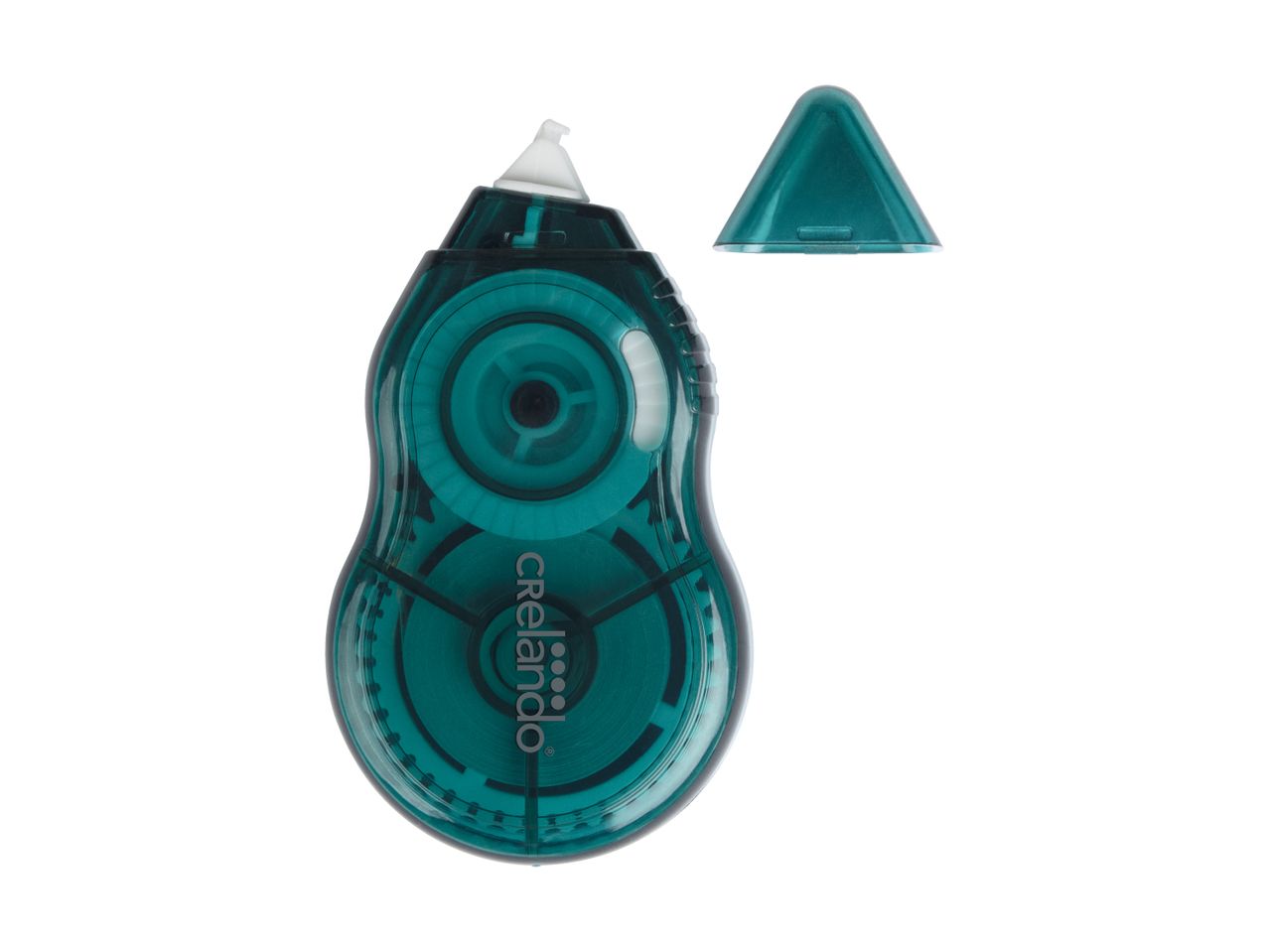 Teal correction tape dispenser with its cap removed, showing the internal mechanism.