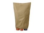 A tall, beige plant cover protecting three potted plants, two terracotta and one grey, from the cold.