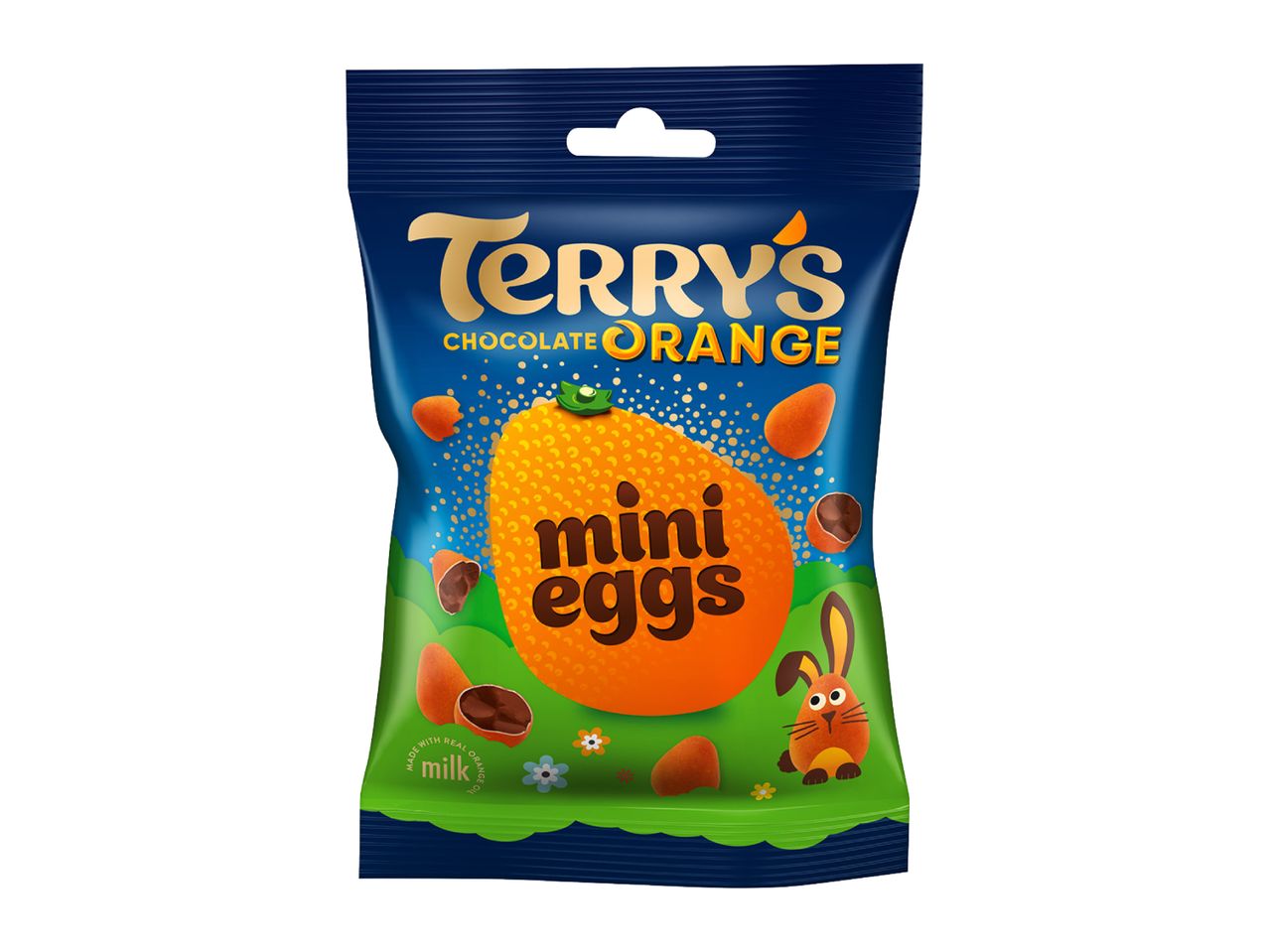 Chocolate orange mini eggs in a blue and green pouch with a bunny illustration.
