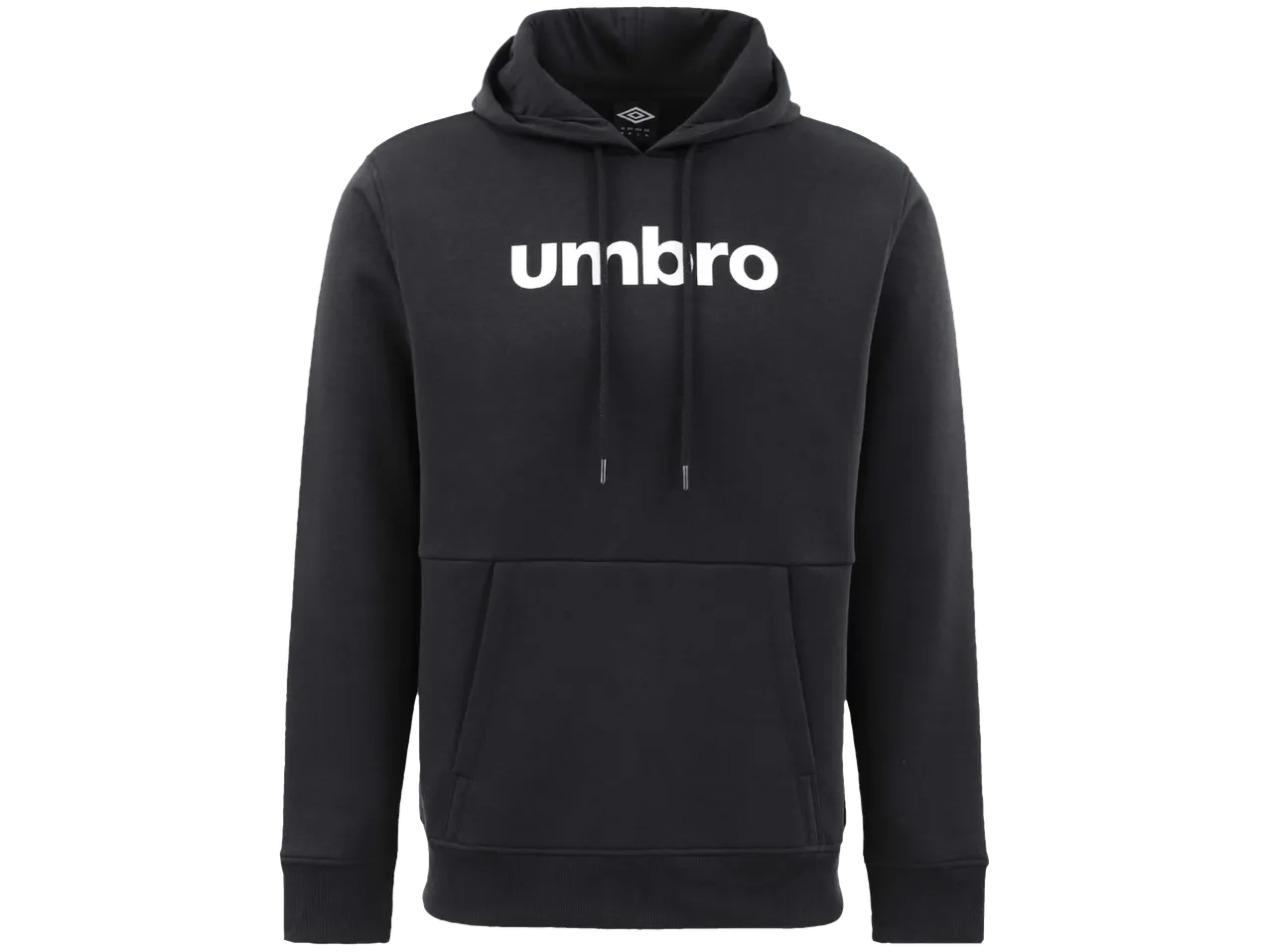 UMBRO vyriškas juodas džemperis su gobtuvu, baltu logotipu ir raišteliais.