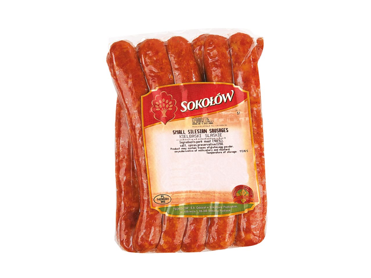 Pack of small Silesian sausages, cooked and smoked, with ingredients and storage information.