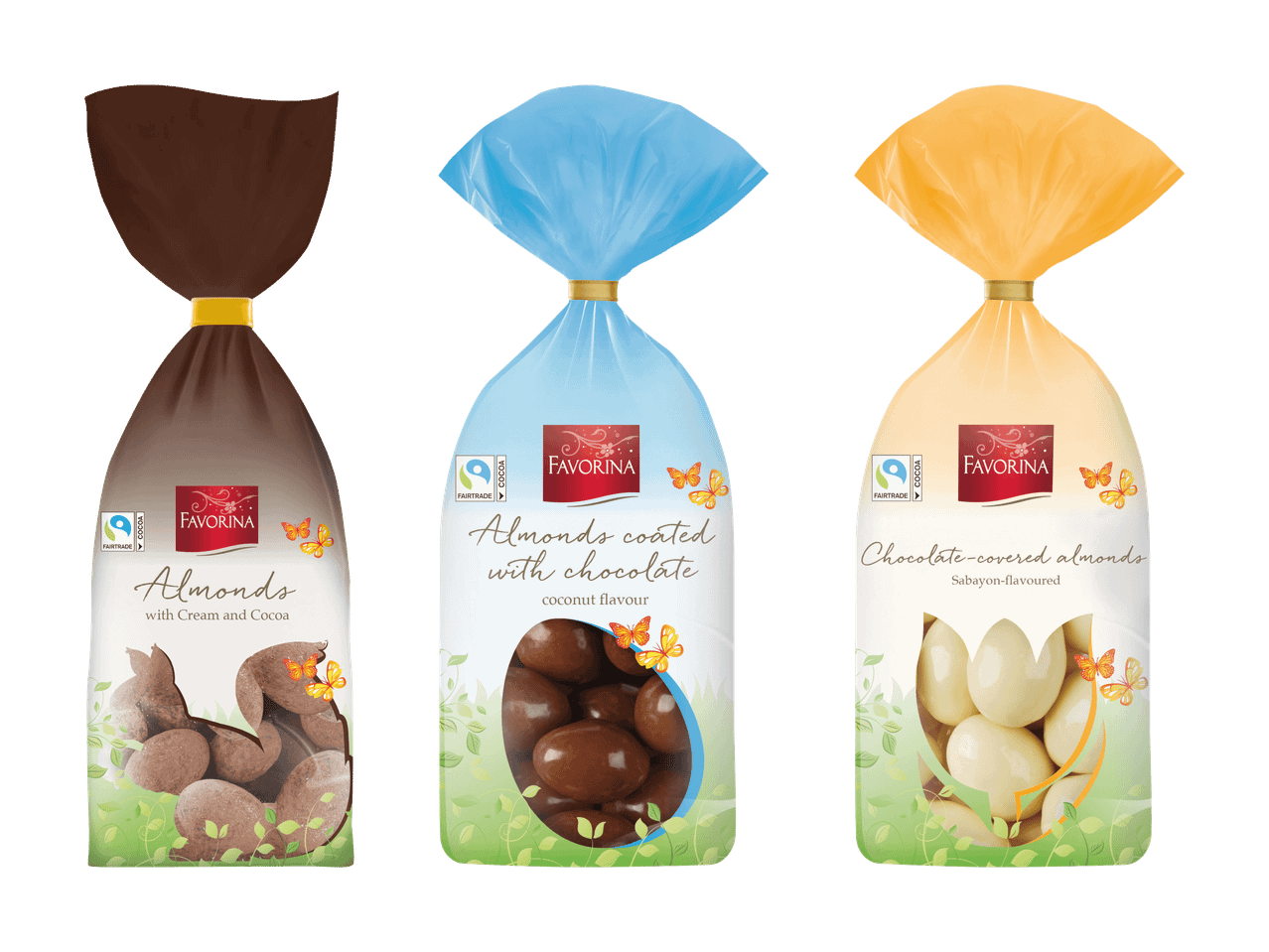 Tre sacchetti di mandorle ricoperte di cioccolato, ai gusti crema e cacao, cocco e zabaione.