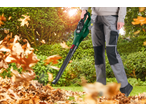 Person using a leaf blower to clear a pile of autumn leaves in a garden.